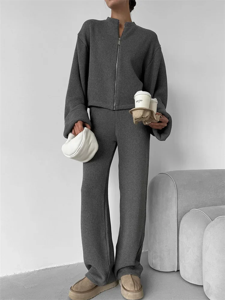 

Knit Grey 2 Piece-Set Wide Leg Trousers Female Zipper Loose Long Sleeve Cardigan Coat And High Waist Women's Pants Sets