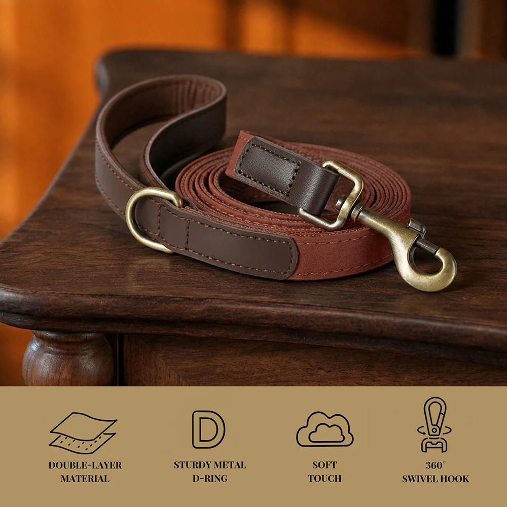 5ft Long PU Leather Padded Dog Leash Durable & Retro Pet Walking Leads Leashes Rope for Small Medium Dogs 9 Colors Available
