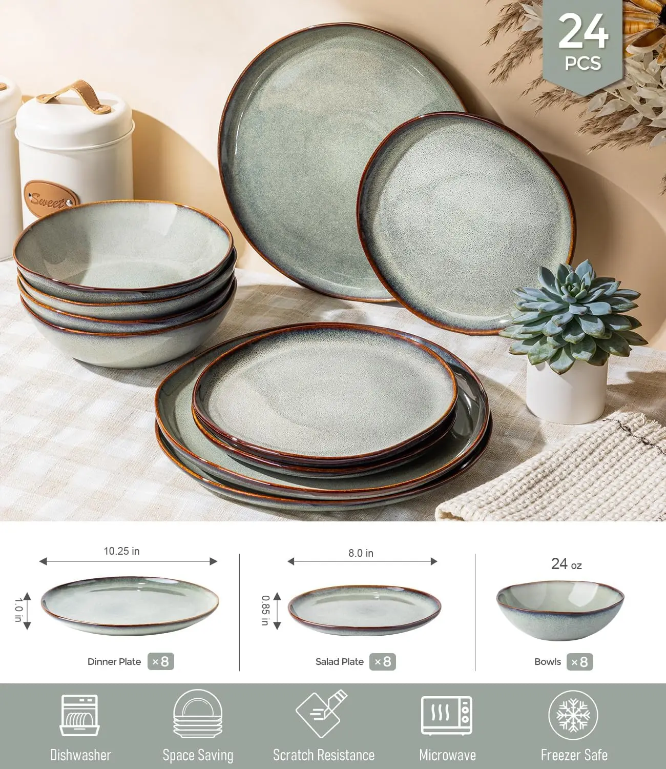 Stoneware Dinnerware Sets for 8,24 Piece Rustic Plates and Bowls Set | Earthenware Handmade Reactive Glaze Plate Sets, Chip Resi view 6