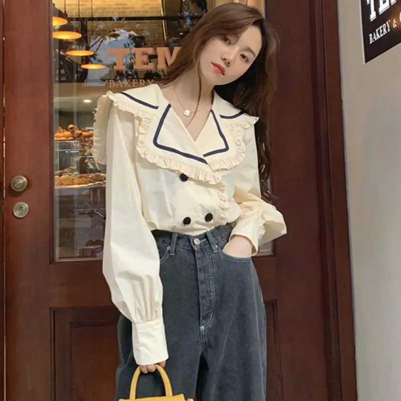 

Sailor Collar Fold Edge Long Sleeved Shirt Spring Autumn New Casual Loose Popular Blouse Top Sweet Chic Trendy Clothes for Women