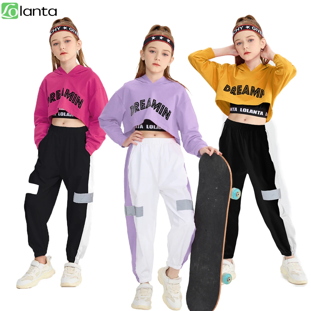 

LOlanta 3Pcs Girls Hip Hop Dance Outfits Cropped Hoodie Tank Top Jogger Pants Set Jazz Street Dance Skateboarding Clothes