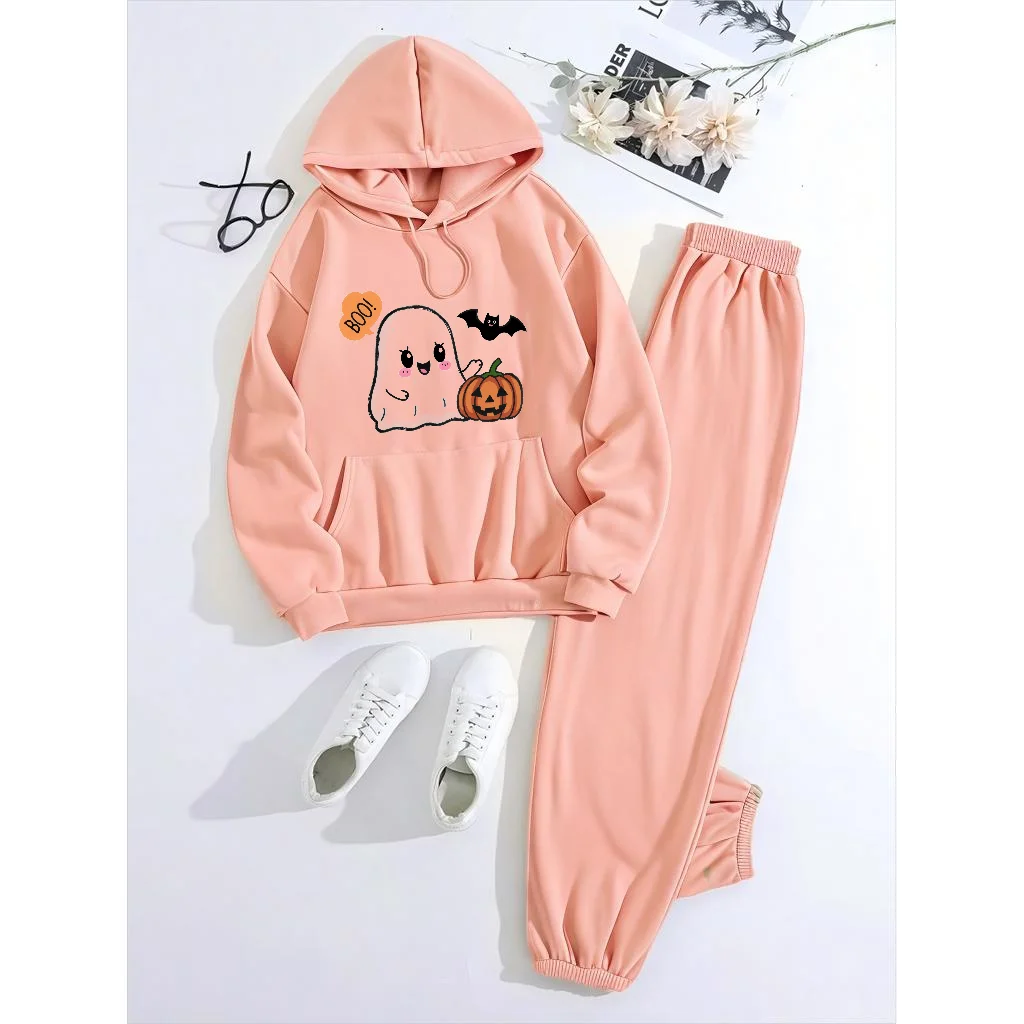 Mia Muse  Women's Sets Fashion Plain Cartoon Pumpkin Pattern Print Long Sleeve Hoodie Natural Waist Pant Casual Sets