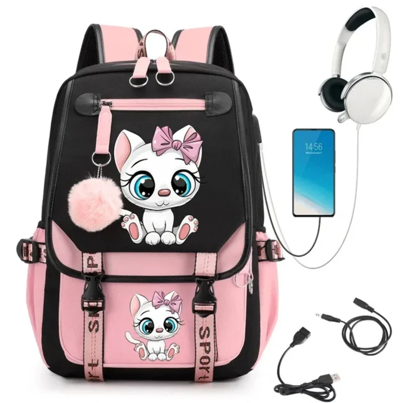 Kawaii feminino saco de viagem mochila para meninas adolescentes bookbag bonito gato impressão bagpack carregamento usb