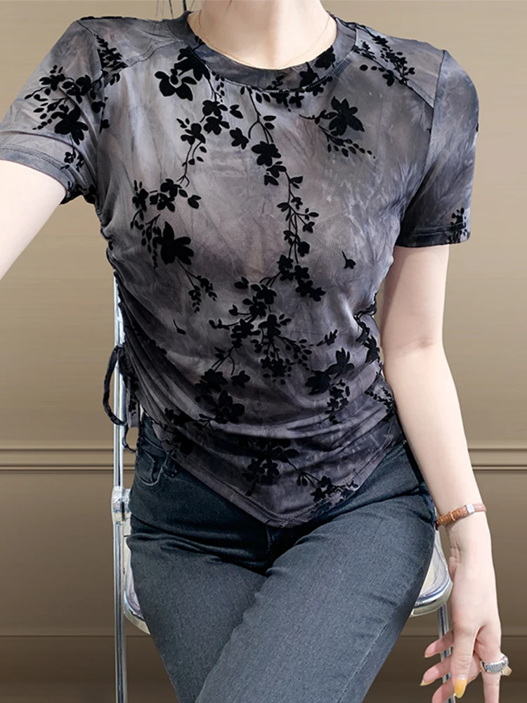 Faionable européen Sle femmes T-shirt été ort Sve velours fleur imprimé ourlet asymétrique Dstring Me haut