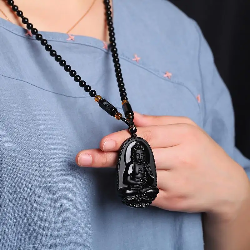 Black Obsidian  Pendant Carved Design Beaded Chain Daily Wear Lucky Gift For Men Women