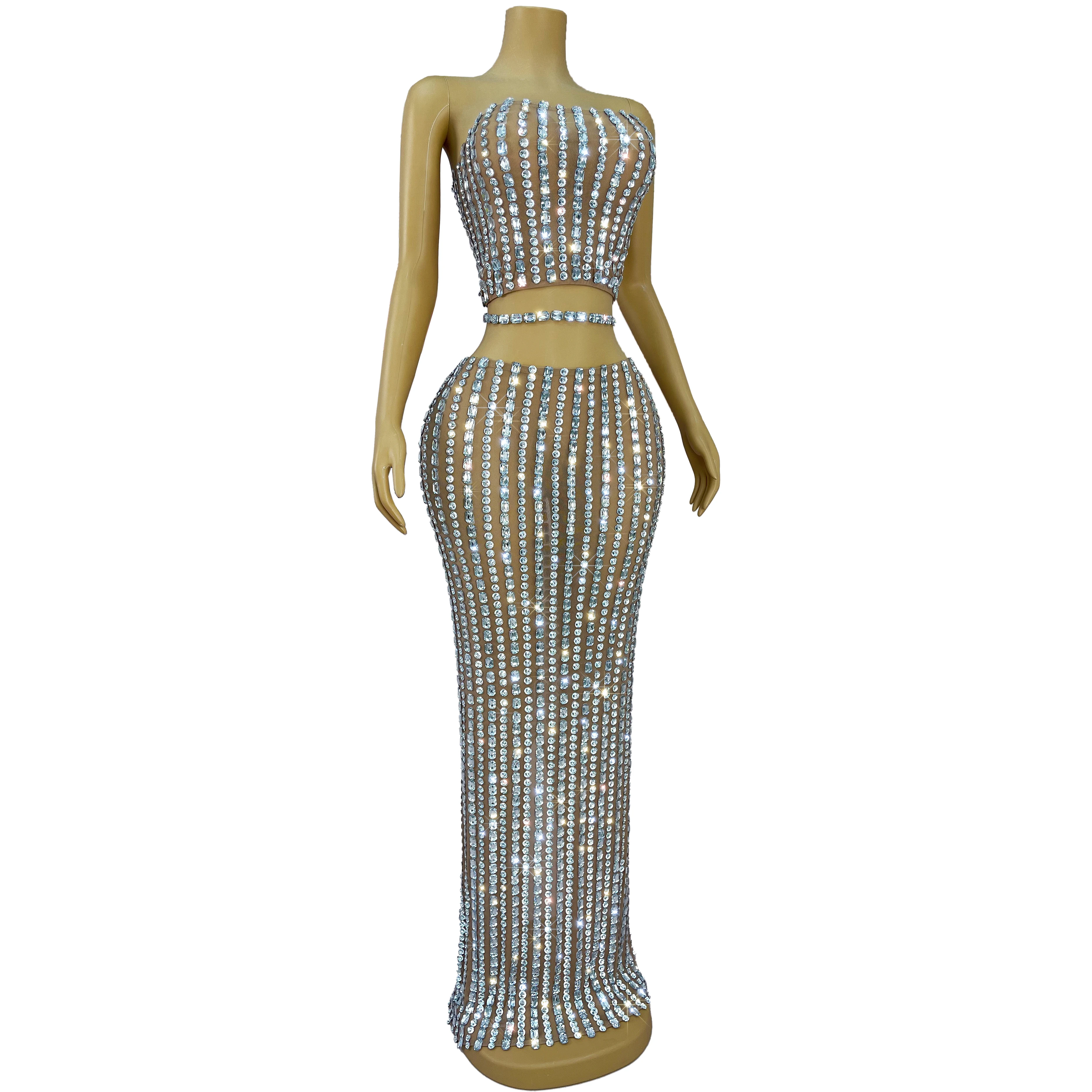 Novo conjunto de cintura oca dividido vestido brilhante strass sexy malha sem mangas roupa festa mostrar tapete vermelho traje palco pingxingx