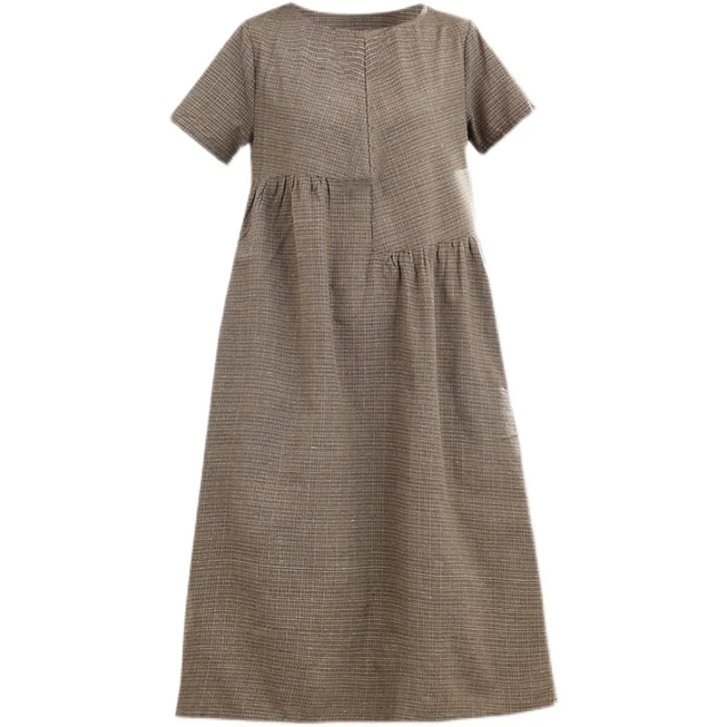 فستان كتان صيفي 202 فضفاض بمقاسات كبيرة، تنورة ميدي على شكل حرف A بنقشة مربعات، قطن وكتان، رقبة مستديرة، أكمام قصيرة، جيب مطبوع #4