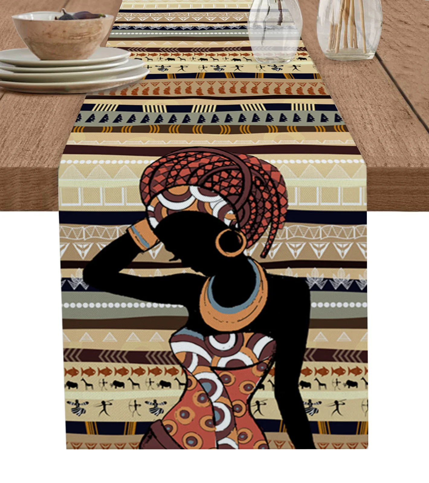 Ethnic Style African Women Black Women Linen Table Runners Kitchen Table Decoration Dining Table Runner Wedding Party Supplies