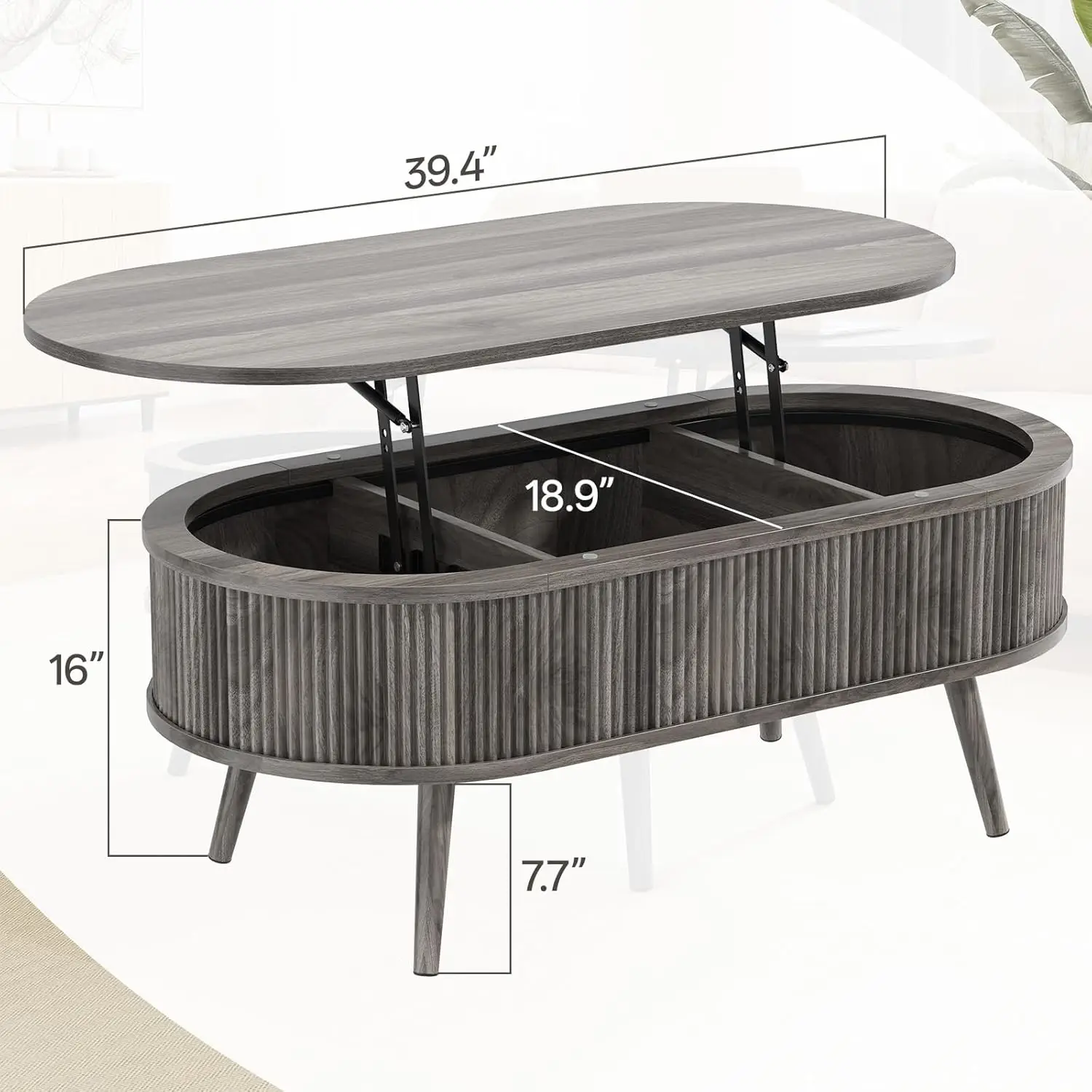 Oval Coffee Table With Storage, Fluted Coffee Table With Lift Top, Small Coffee Tables With Storage, Mid Century Modern Center T