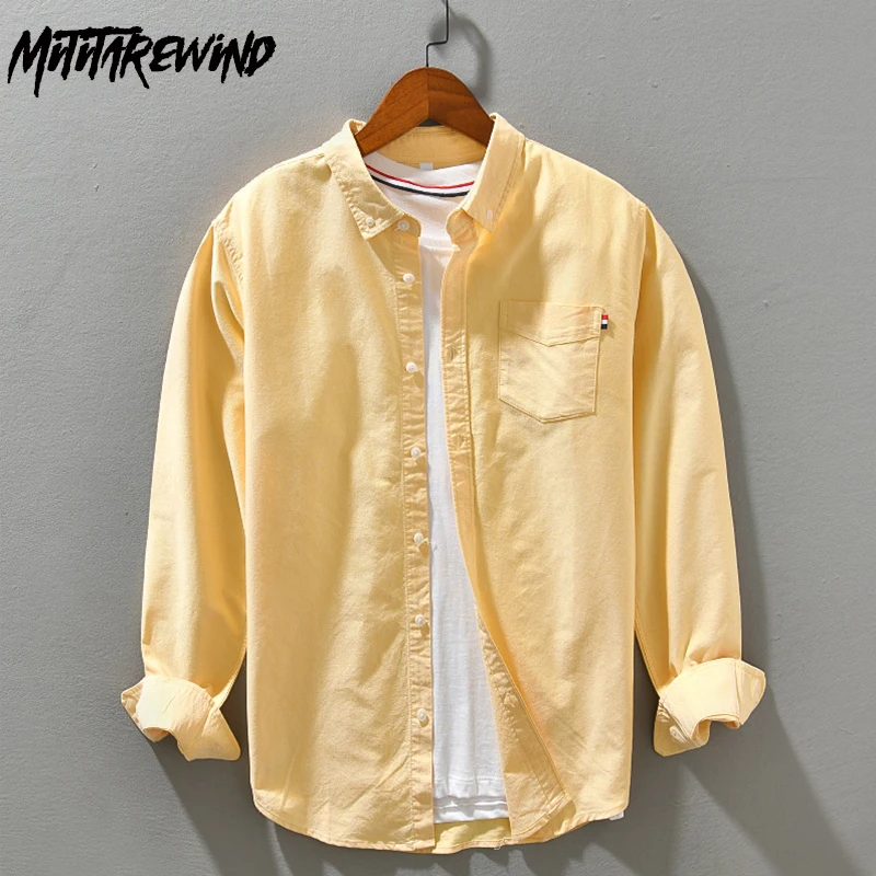 

Spring Autumn New Fresh Mens Shirts Youth Daily Long Sleeves Tops Pocket Pure Cotton Yellow Shirt Simple Versatile Shirt