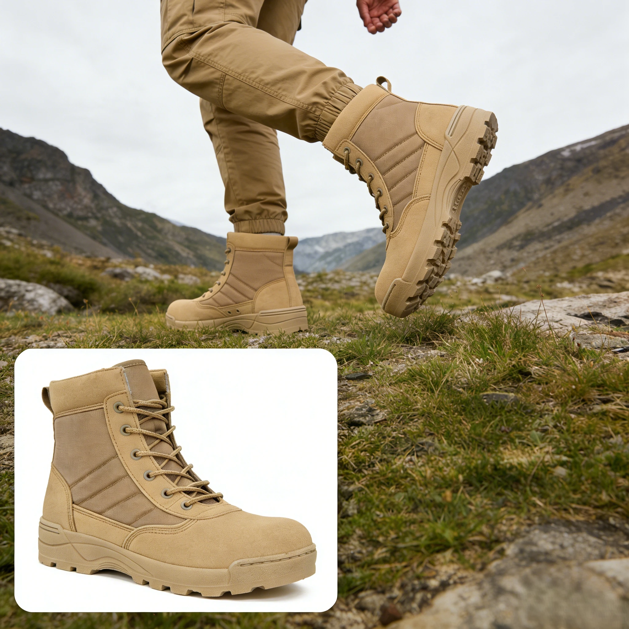 

Men's outdoor low-top boots, tactical military boots, khaki thick-soled shoes, lightweight and wear-resistant hiking shoes