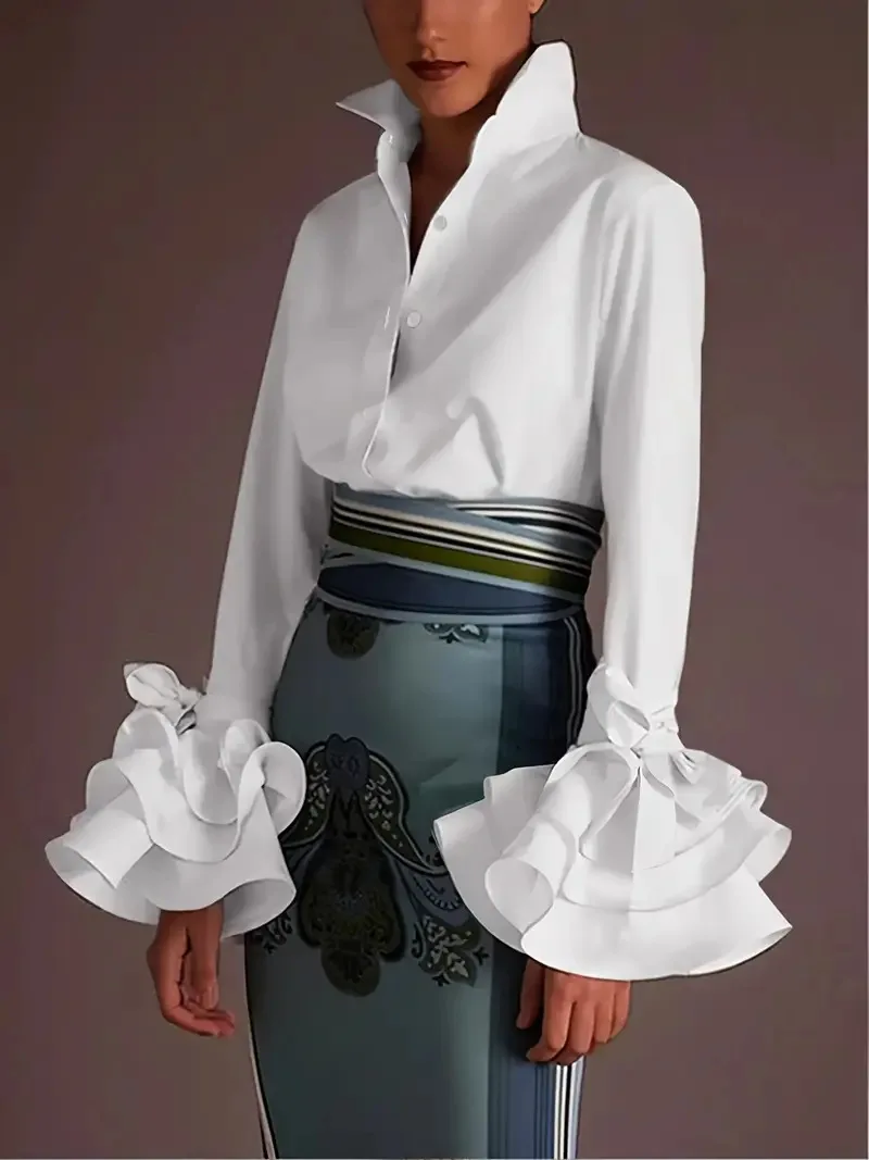 

Легкая блузка с изысканными рюшами на рукавах, модная свободная рубашка на пуговицах, элегантная офисная туника с завязками на талии