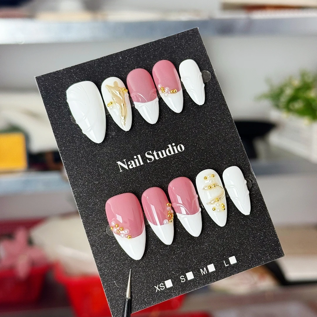 10pcs High-end Simple and fashionable style, hand-painted water ripple pattern, pearls and gold beads handmade fake nails