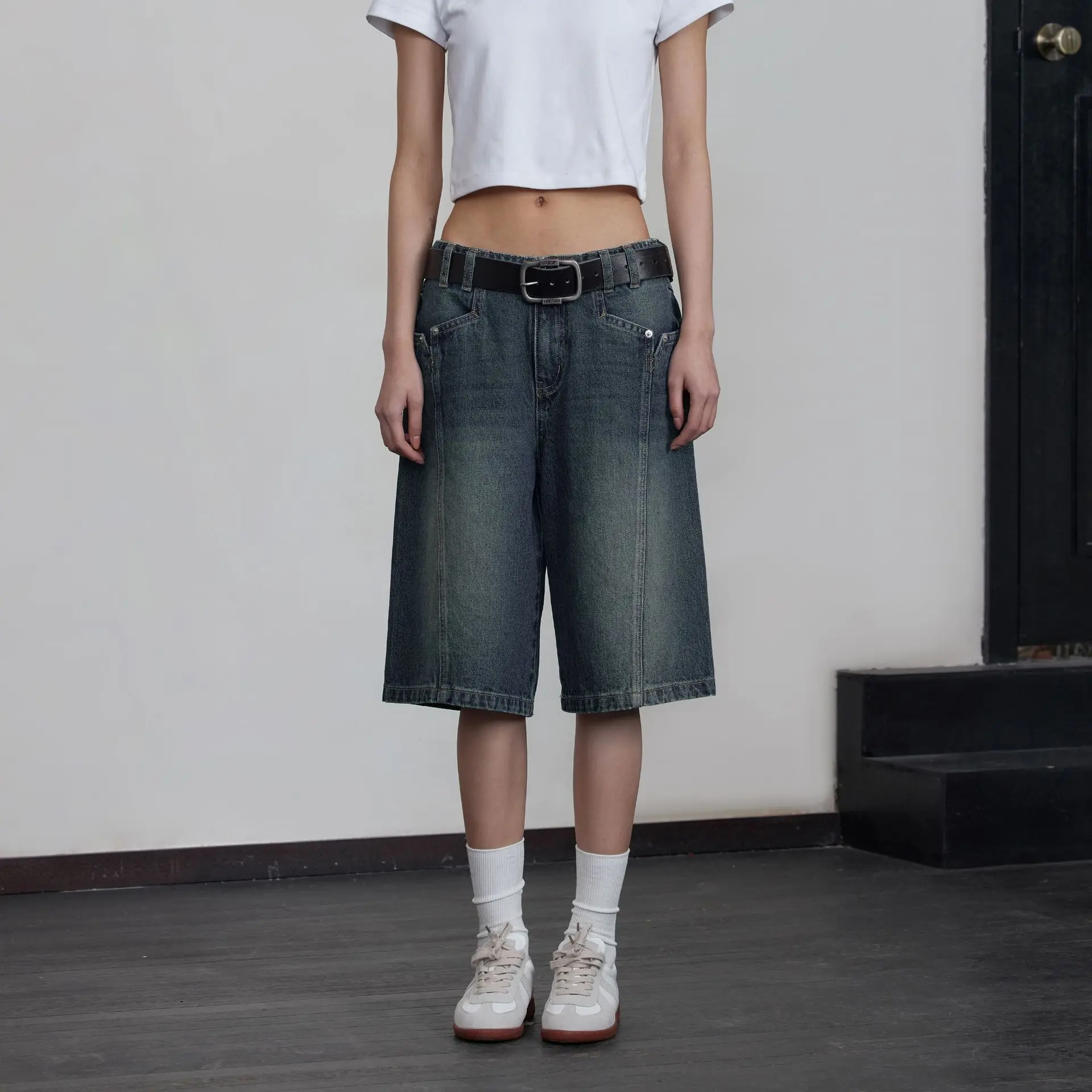 

Рваные джинсы Y2K, унисекс, американские потертые свободные прямые шорты в стиле ретро с пятью четвертью, уличные шорты