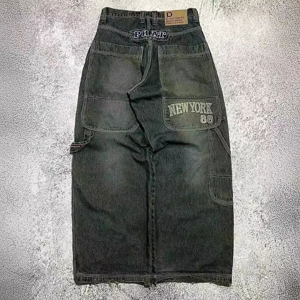 

American Street Trend Letter Embroidered Loose Jeans Men Harajuku Y2K New Hip Hop Oversized Wide-leg Pants Unisex Mopping Jeans