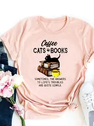 Cat Books Vintage Style Cute Graphic T-shirt Women Basic Tee Fashion Print T Shirt Short Sleeve Ladies Clothes Top Clothing