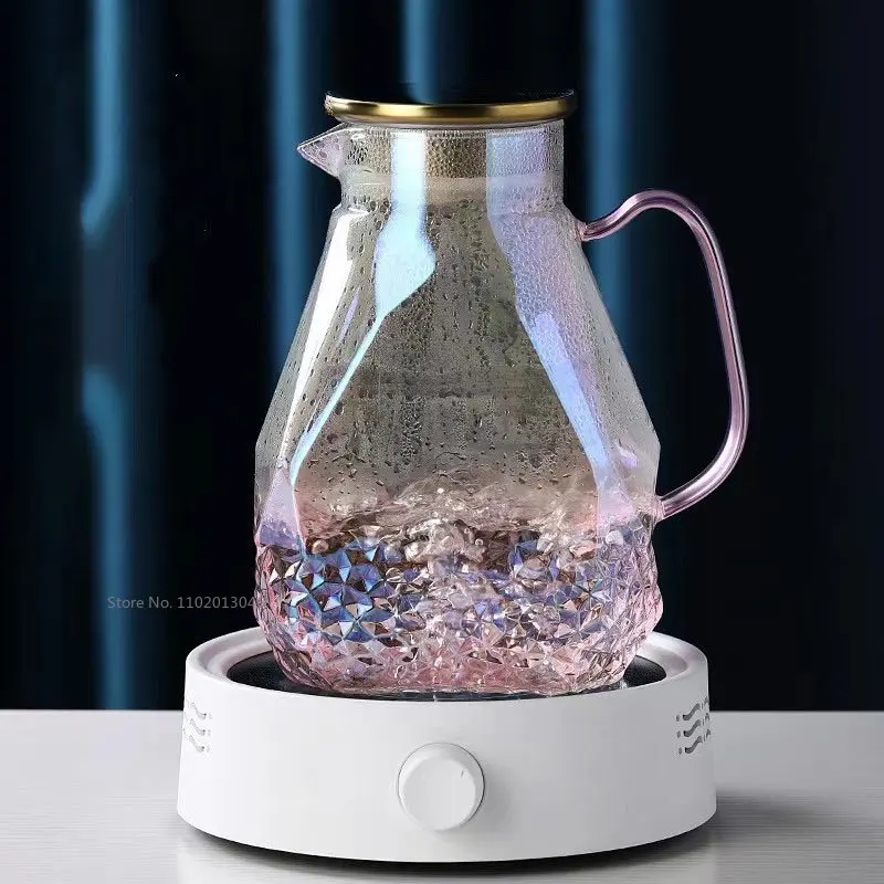 1.6L Transparent Gradient Pink Glass Teapot Set Hot Cold Water Water Jug Coffee Pot Home Water Carafe Heat-resistant Cup Kettle