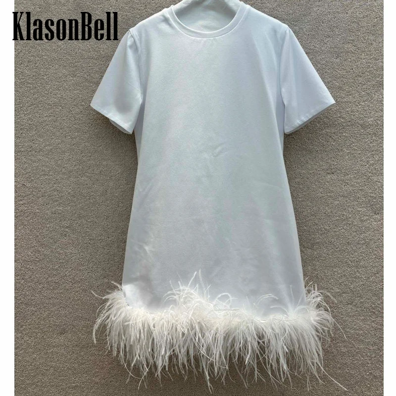 

7.15 KlasonBell Female Elegant Ostrich Feathers Hem Spliced Cotton O-Neck Mini Dress For Women 2024 New Sweet Girl White Dress