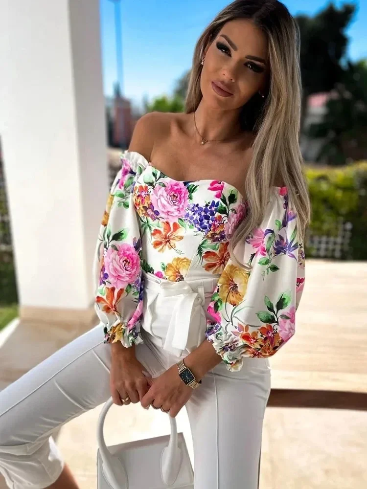 

Весна-лето, пикантная женская блузка с открытыми плечами, модная облегающая блузка с пышными рукавами, короткий топ, повседневные праздничные пляжные блузки с цветочным принтом, топы