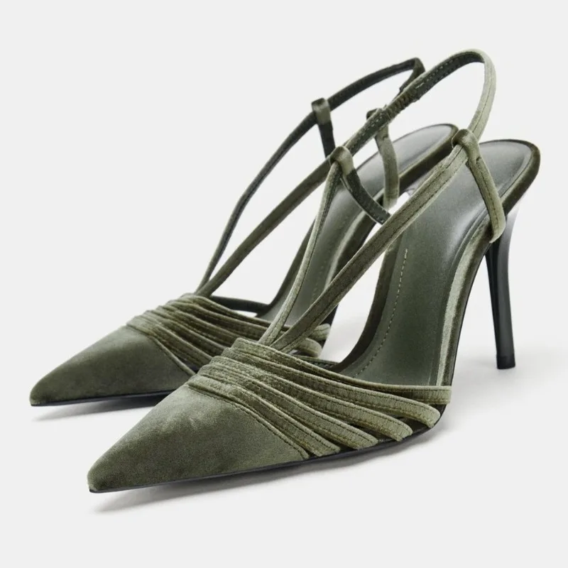 

Elegant Pointed Toe Velvet Heels Women Novelty Narrow Band Design Stiletto Heel Slingback Shoes Fashion Back Strap Dress Shoes