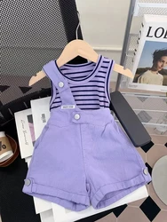 Girls' Clothing Sets 2023 Summer New Children's Fashionable Baby Girl Stripe Sleeveless Tank Top+ Strap Pants Two Piece Set