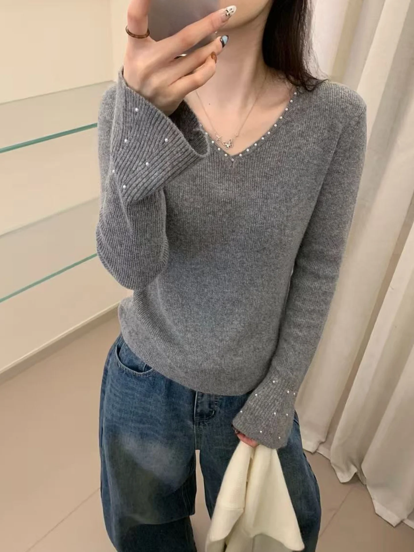 ملابس محبوكة متعددة الاستخدامات بتصميم نحيف، سترة كشمير أنيقة بياقة على شكل V وأكمام طويلة، أزياء شتوية عصرية على الطراز الكو... #4