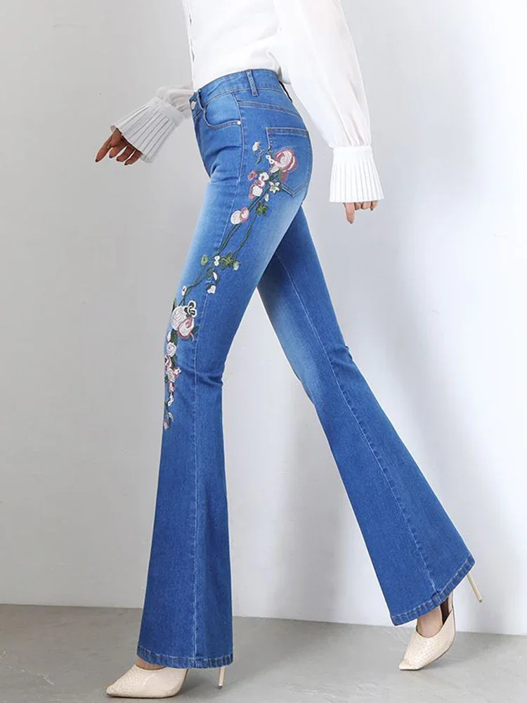 

Embroidery Skinny Casual Flare Jeans Women New Streetwear Denim Pants High Waist Strecth Elegant Vintage Boot Cut Vaqueros XQ81