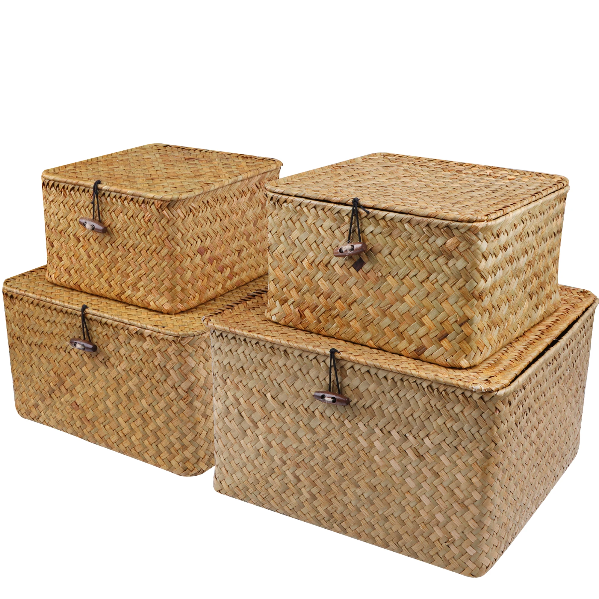 Set of 4 Seagrass Basket with Lid Wicker Storage Basket Decor Storage Boxes Flat Storage Bins Woven Organizer Baskets for Shelf