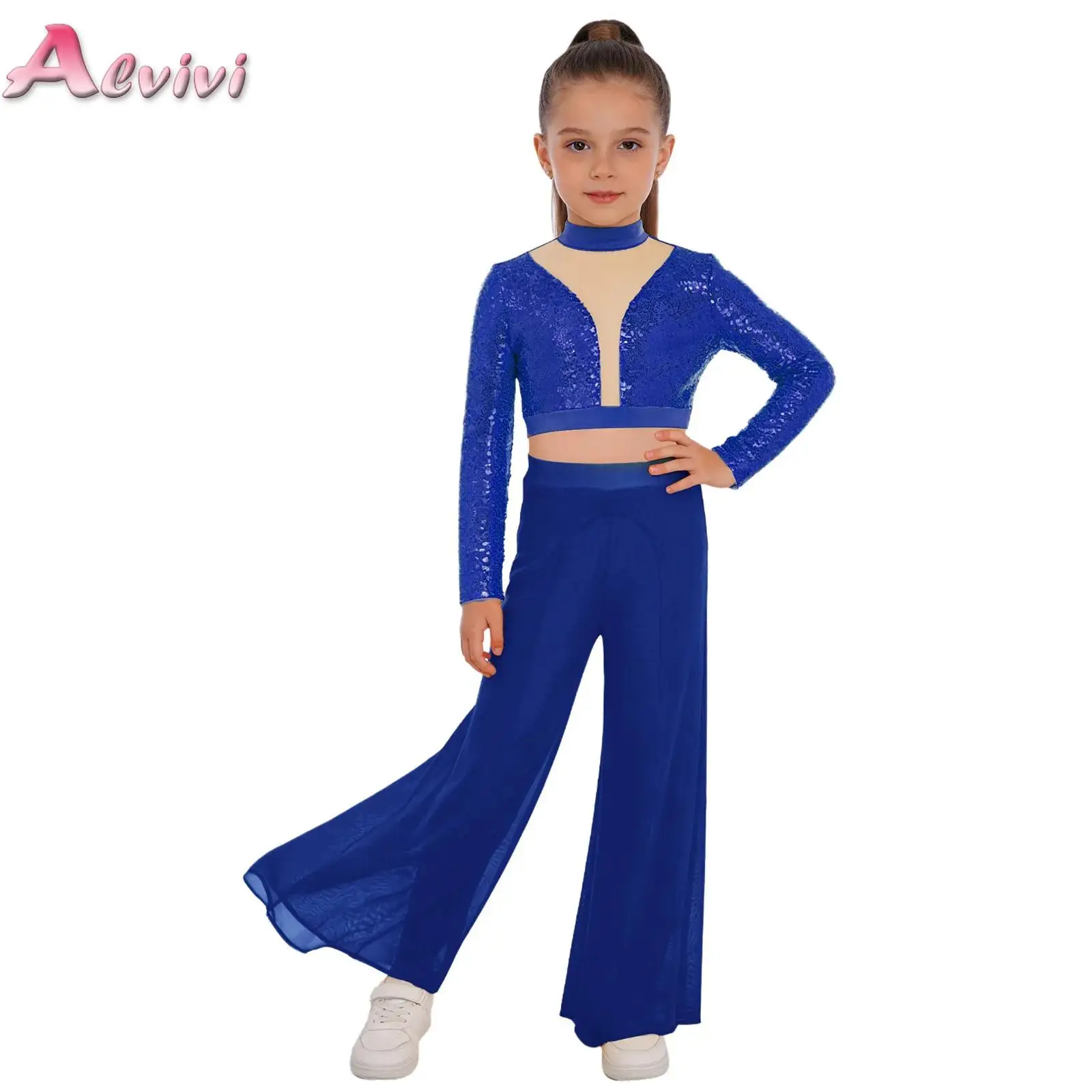 

Shiny Sequins Crop Top with Wide-Leg Mesh Pants Lyrical Dance Performance Outfits for Kids Girls Ballet Modern Latin Dance Suit