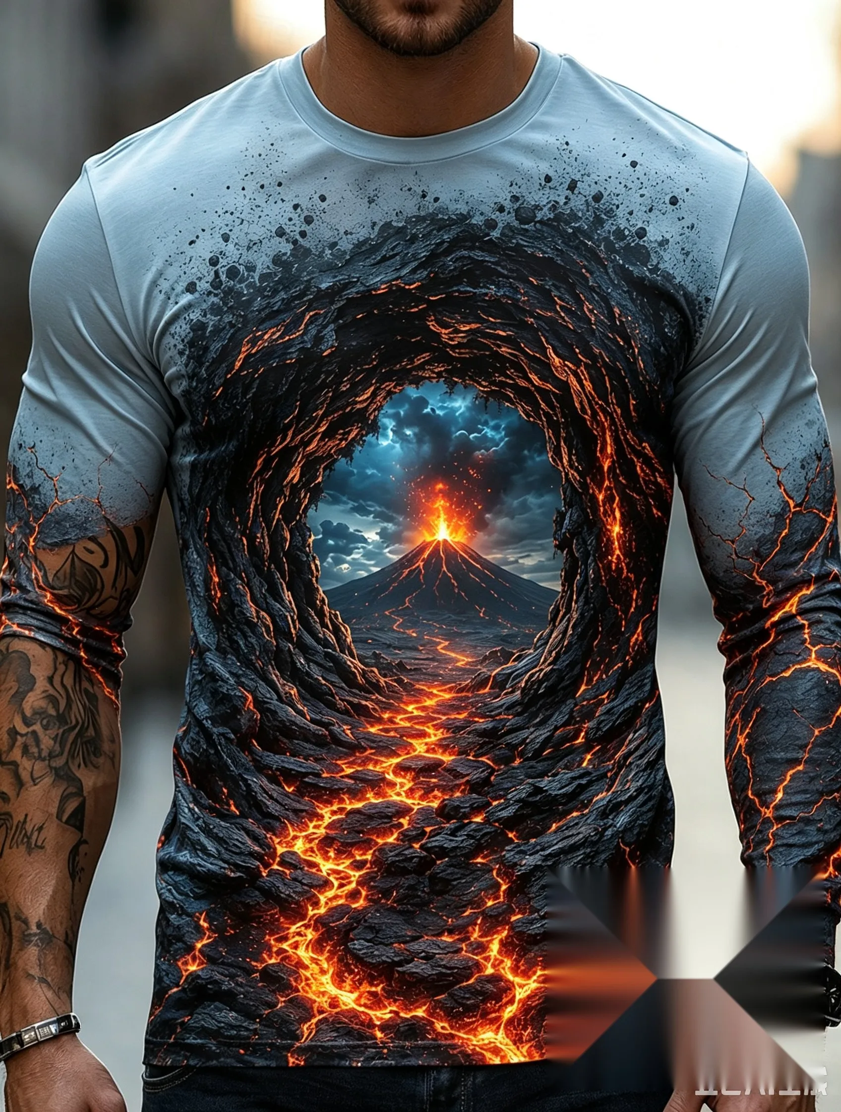 Men 3D Nature Landscape Print Long Sleeve T Shirt Canyon Volcano Motorcycle Graphic Casual Long Sleeve Tops