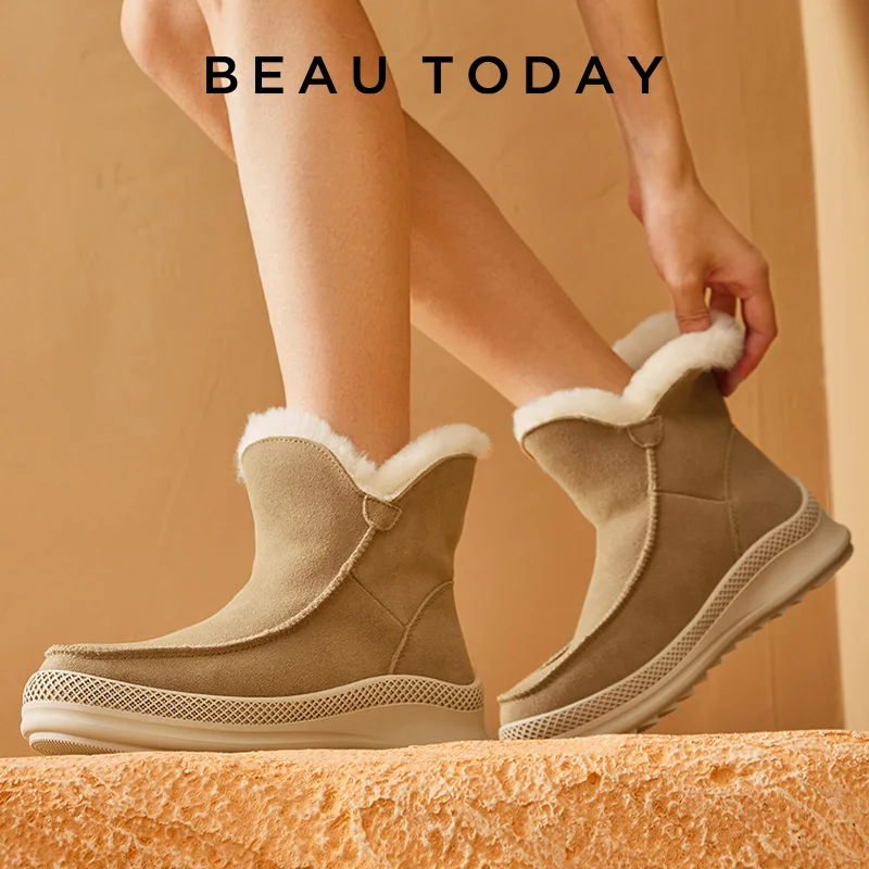 BeauToday Snow Boots Women Cow Suede Leather Ankle Boots Ladies Round Toe Slip-on Winter Warm Wool Shoes Handmade 08033