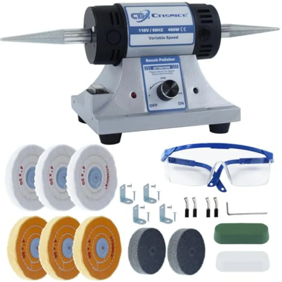 

Jewelry Bench Polisher Adjustable Variable Speed Benchtop Polishing Machine 450W Buffer Grinder with 8pcs Buffing Wheels 2pcs P