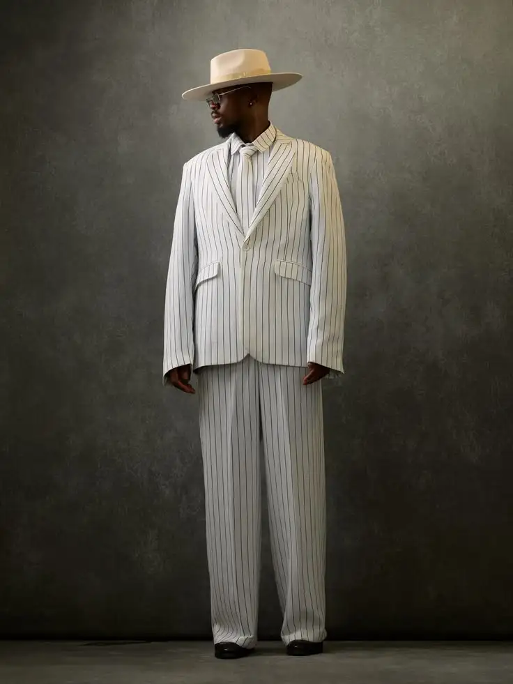 

Pinstripe White Men Suit Set 2 Piece Blazer+Pants Cotton Prom Wedding Tuxedos Coat Customized Formal Office Fashion Jacket