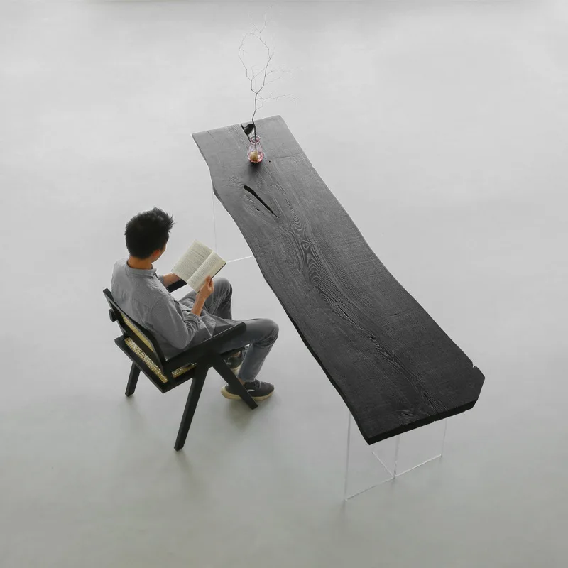 Ash wood wabi-sabi style log long table carbonized homestay dining single board large board workbench long str