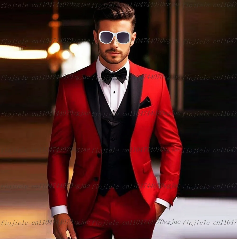 

Новый красный и черный мужской костюм для официальной свадьбы, жениха, деловые мужские смокинги по индивидуальному заказу, комплект из трех предметов, куртка, жилет, брюки