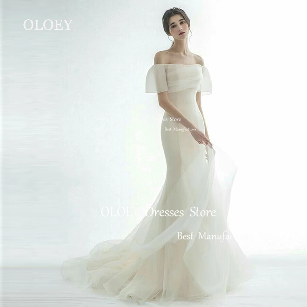 OLOEY Ivory Tulle Mermaid Wedding Dress Korea Photoshoot Off Shoulder Short Sleeves Bridal Gown Floor Length Custom Made