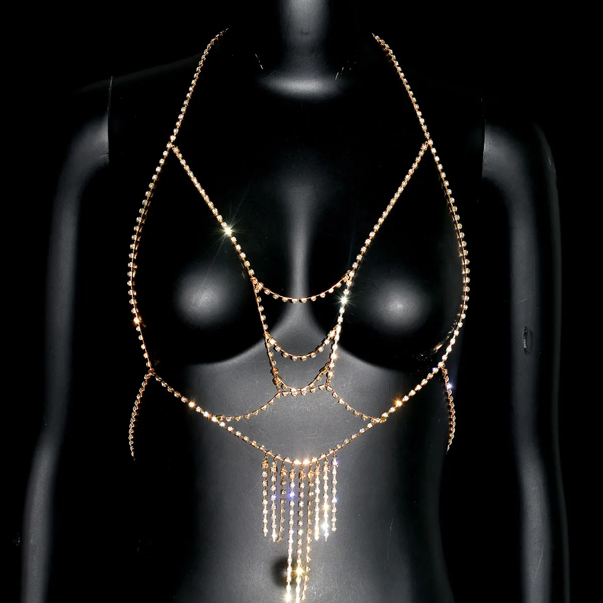 Festival Queen Personality Sexy Metal Rhinestone Body Jewelry Fashion Pop Bra Chain Party Dress Chain