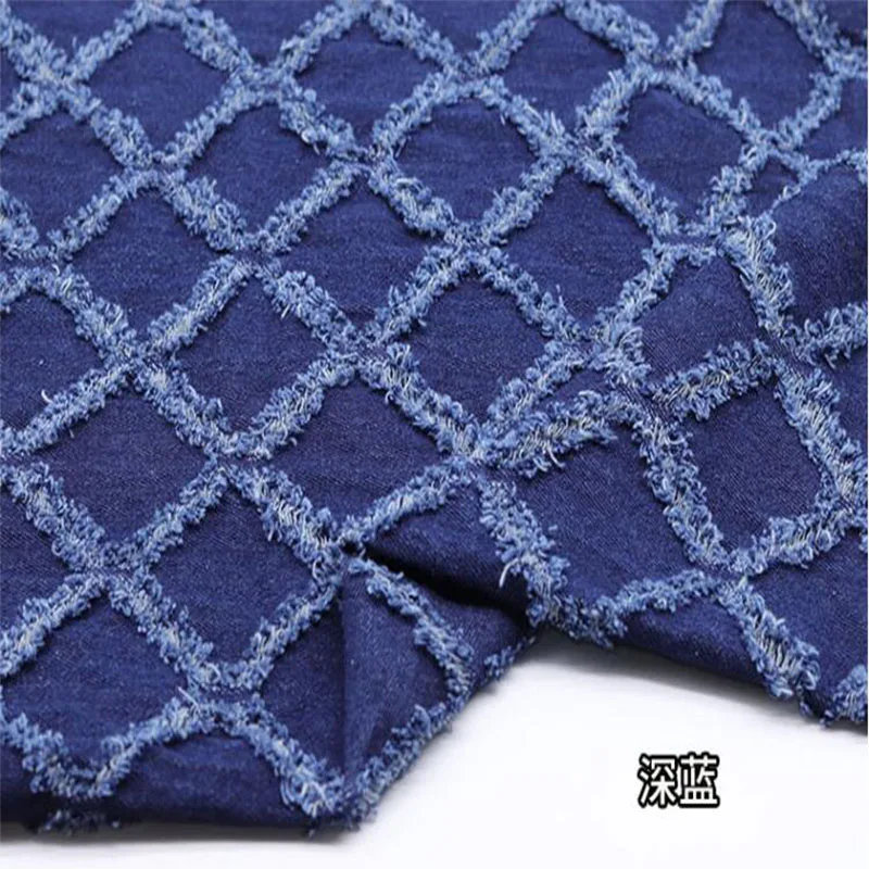 Cool Wide 140cm Blue Denim Fabric Cotton  Rhombus Crochet Washed Denim Fabric Sewing Material Diy Clothing Dress