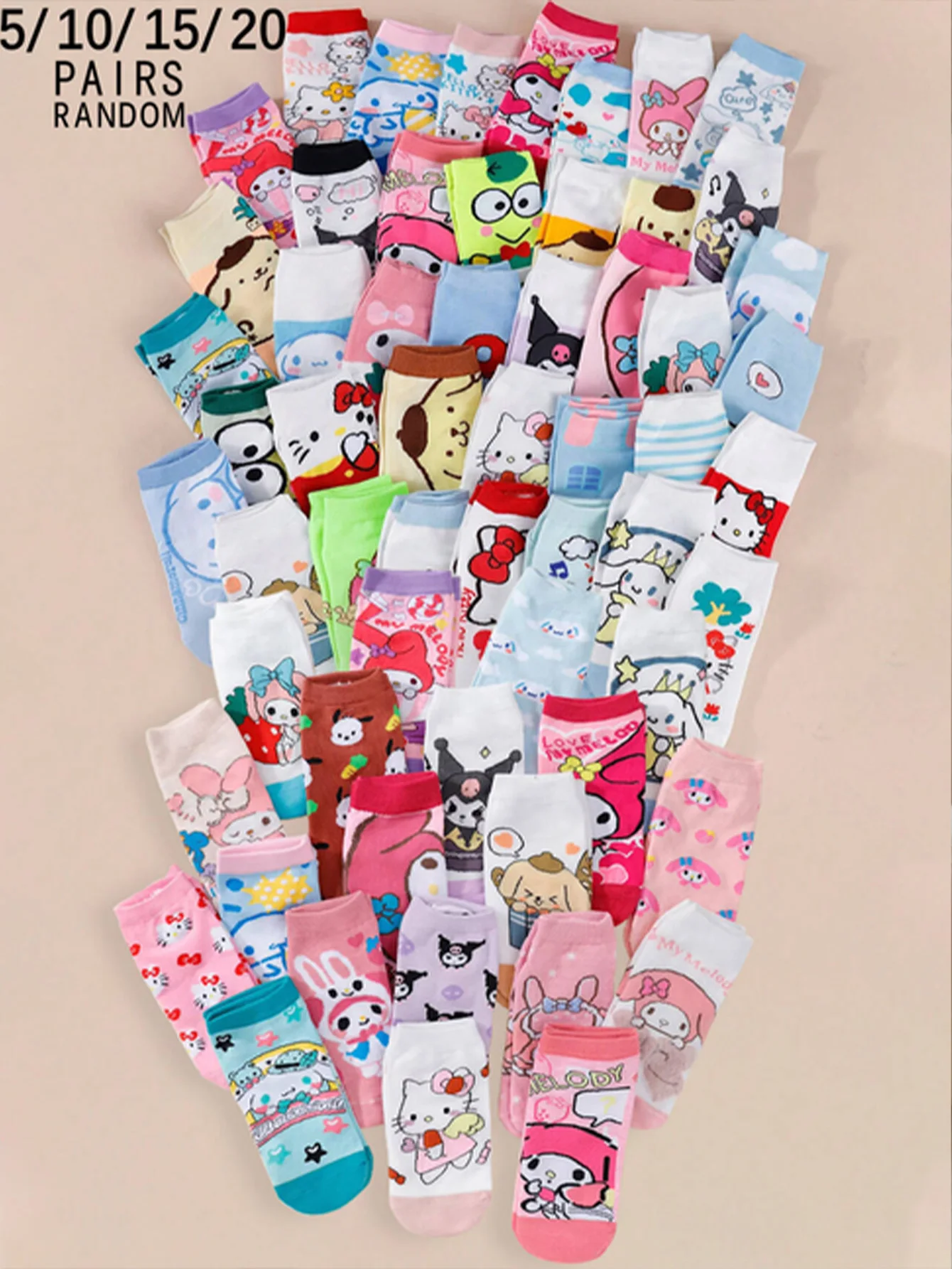 

5/10/15/20 Pairs of random miniso new Korean version sanrio Cartoon pattern Cute and sweet Women's short socks