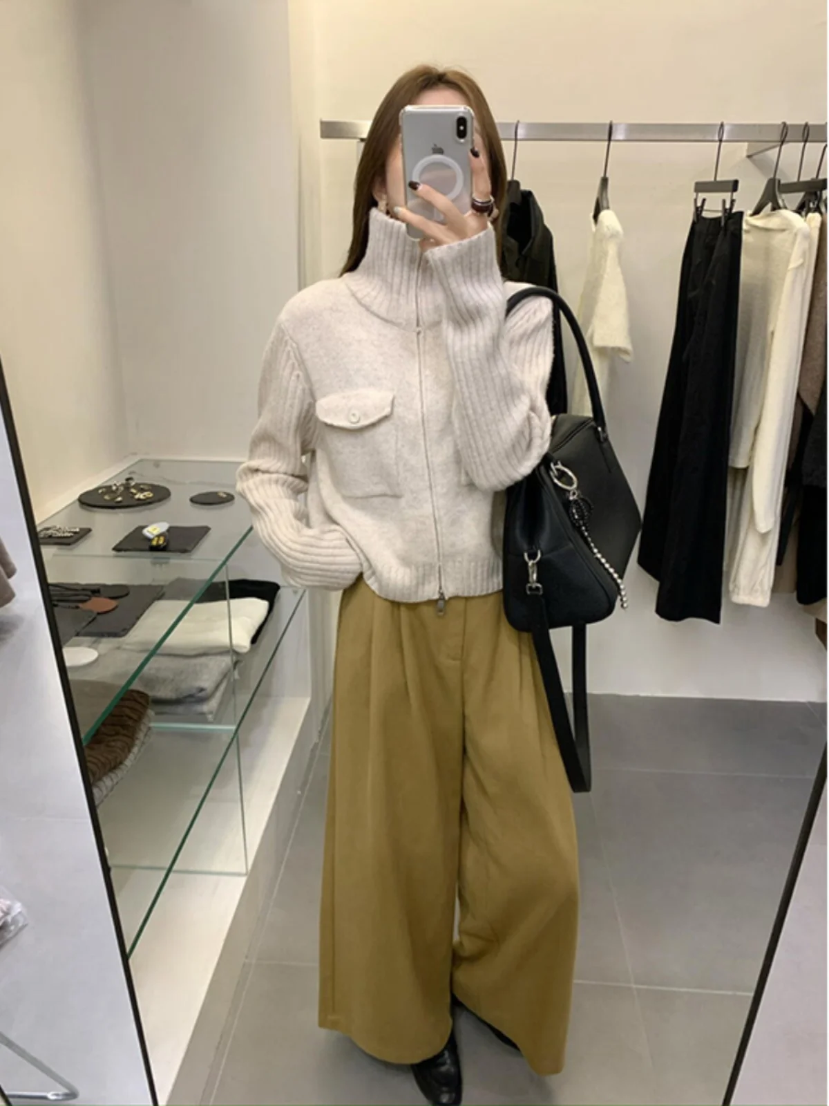 아메리칸 슬레 레트로 레이지 더블 지퍼 니트 하이 칼라 스웨터 코트 여성용 가을 겨울 신상 안티에이징 트렌디