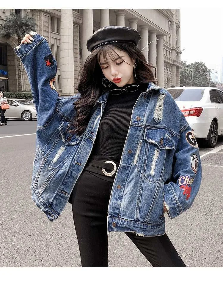 Perforated denim jacket jacket, women's loose mid length denim college style BF denim jacket