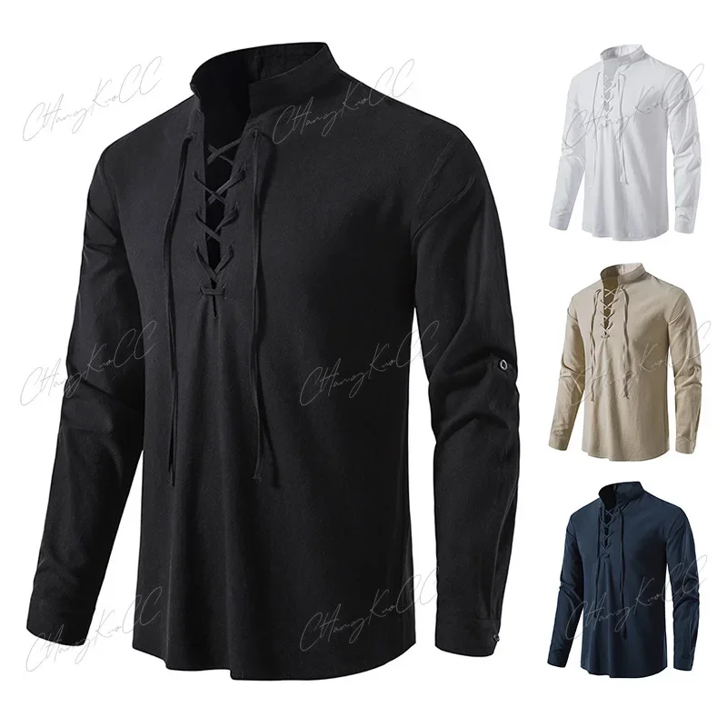 Mens Scottish Jacobite Ghillie Kilt Shirts Medieval Renaissance Pirate Costume Long Sleeve Lace Up Henley Shirt Men Camisas XXL