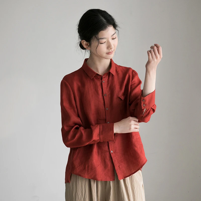 

Artistic Linen irt Single Button Small Collar Color Match Copper Bule Spring Commute Sle Long Sve Pure Color