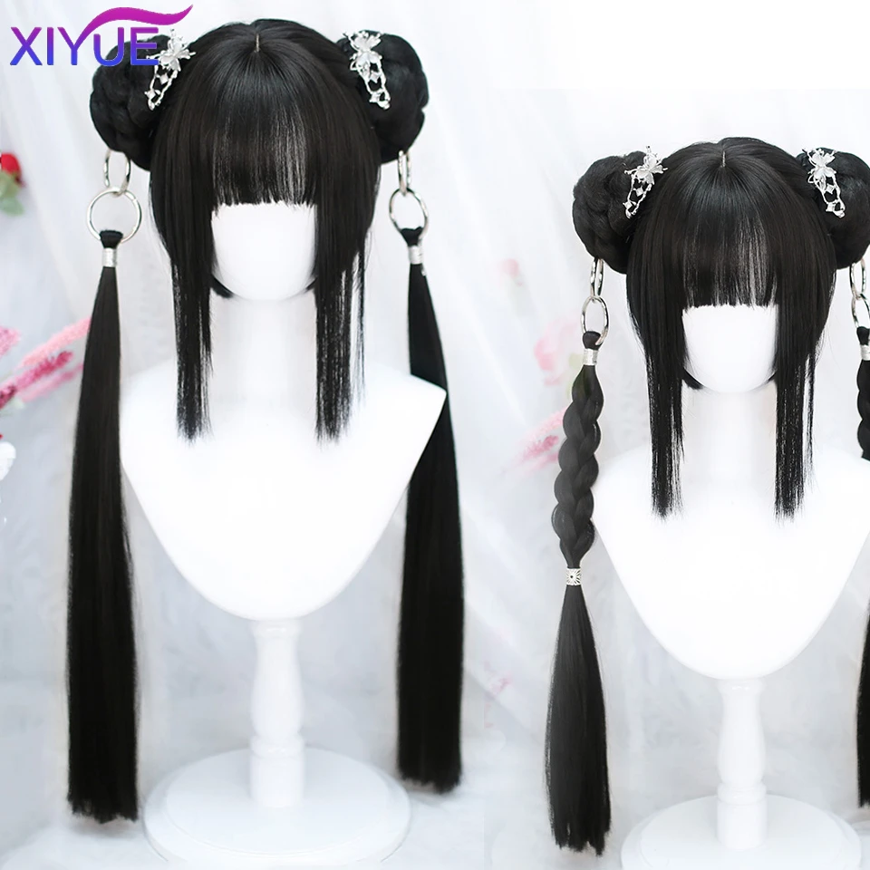 XIYUE Hanging Ring Ponytail New Chinese Style Wig Female Hanfu  Style Headdress Double Ponytail  Synthetic long hairponytHallowe