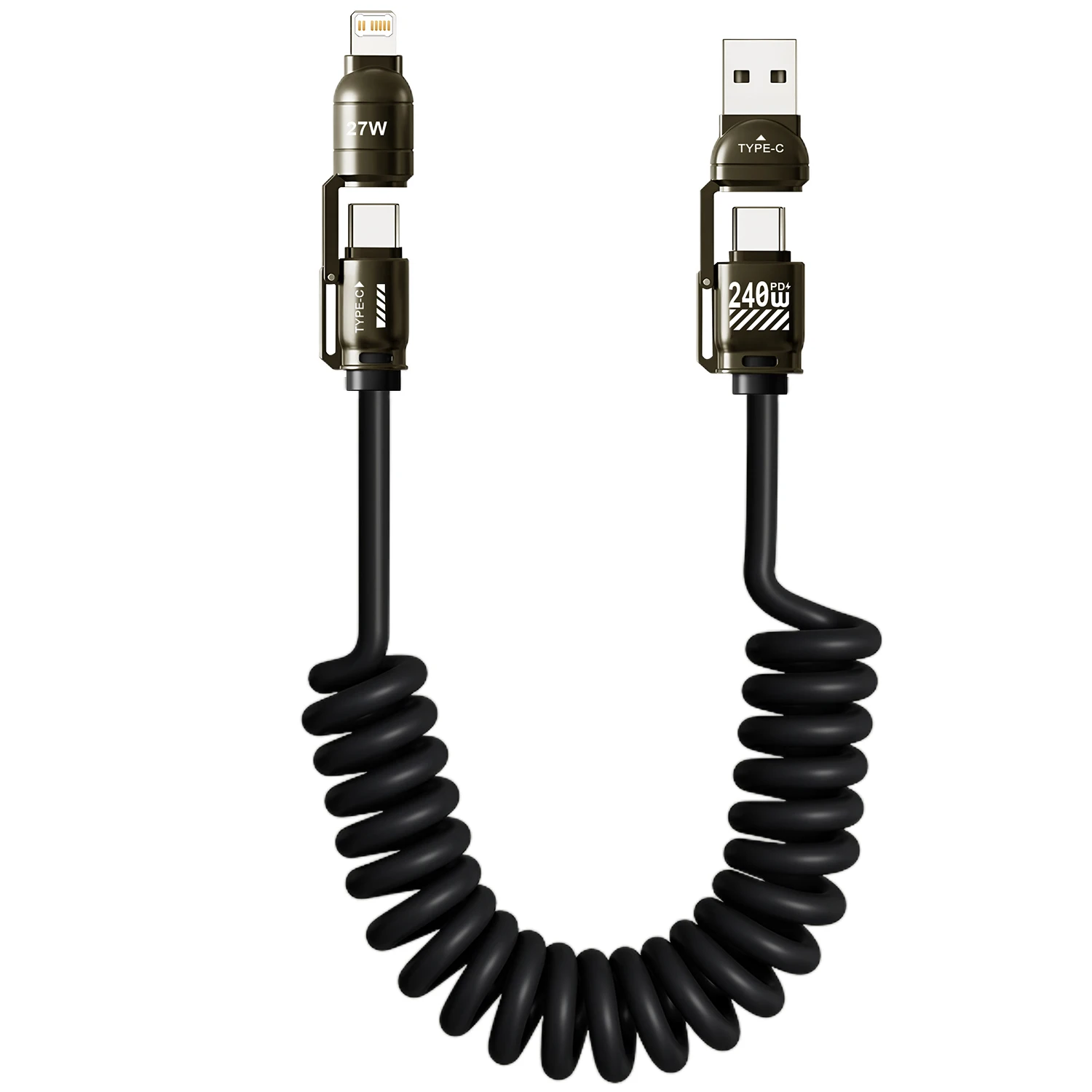 1.8M 4 in 1 240W Spring Short Data Cable 6A USB Type C Spring Telescopic Quick Charger Wire Spring USB Cable for iPhone 15 14 13