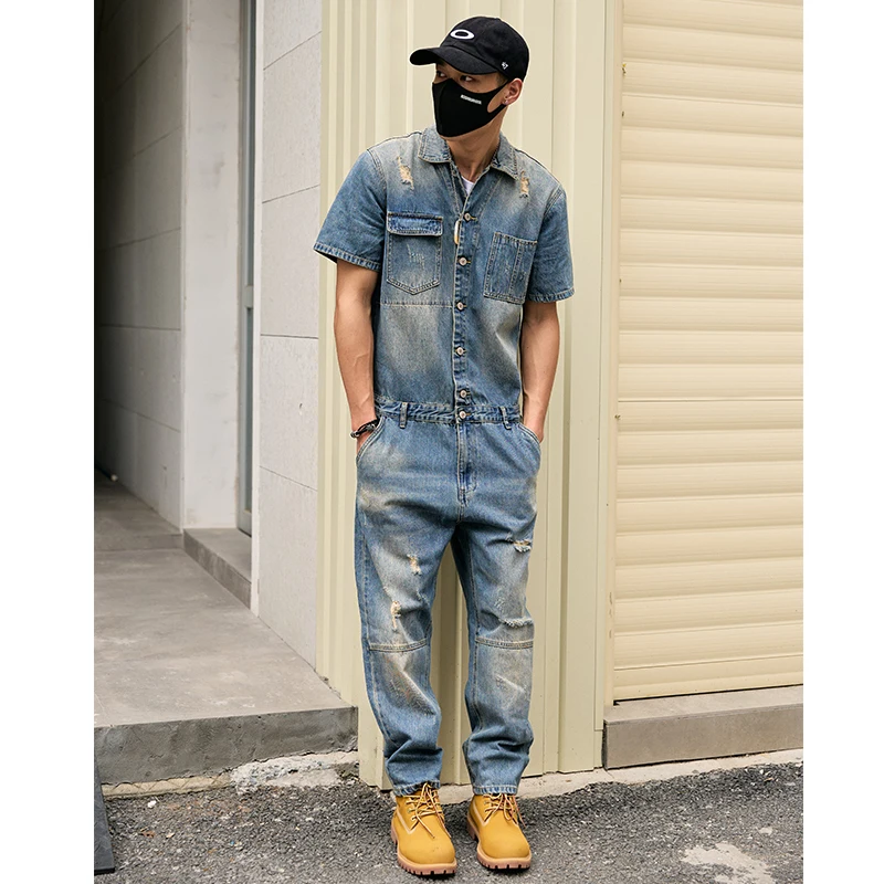 

Летний джинсовый костюм ort Sve, мужской модный рваный винтажный комбинезон, повседневные брюки с девятью точками, модные