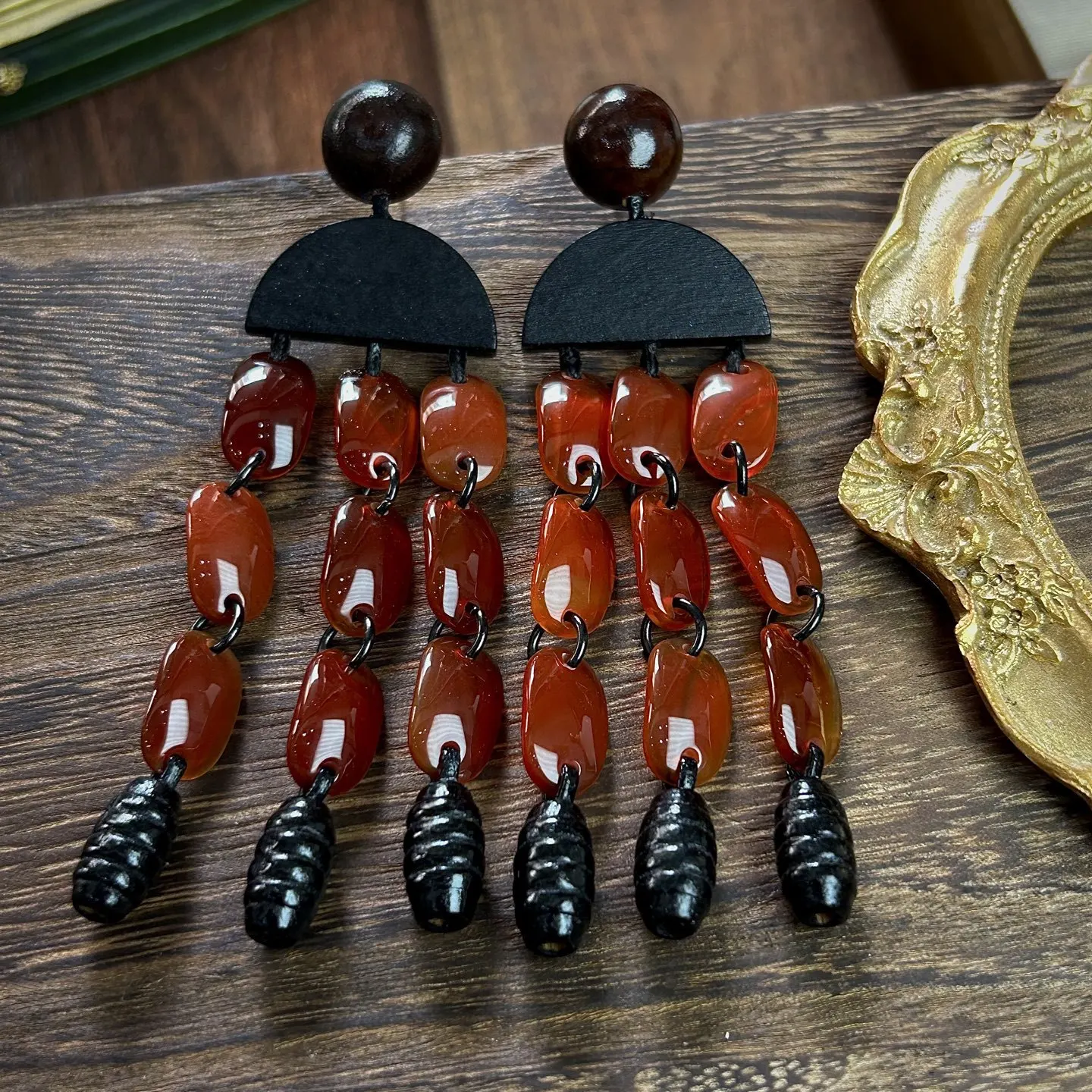 Medieval Monies style natural agate fringed wooden handmade earrings retro personalized big earrings 925 silver needles
