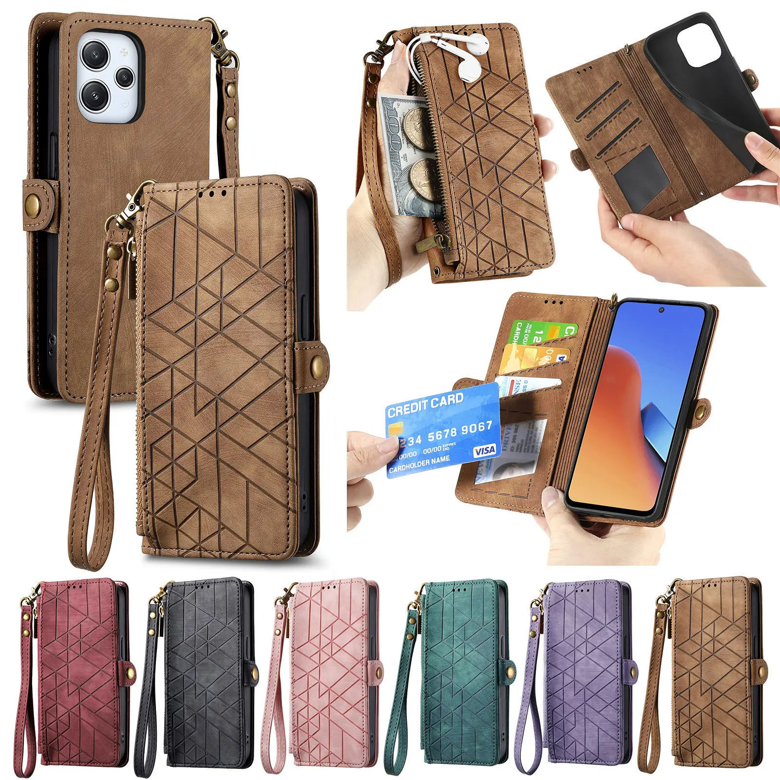 حافظة هاتف بجيب بسحاب لهاتف OPPO Realme 14X 14 13 12 Pro Plus 9i 7i حزام معصم جلدي فاخر محفظة بحبل غطاء قلاب Funda