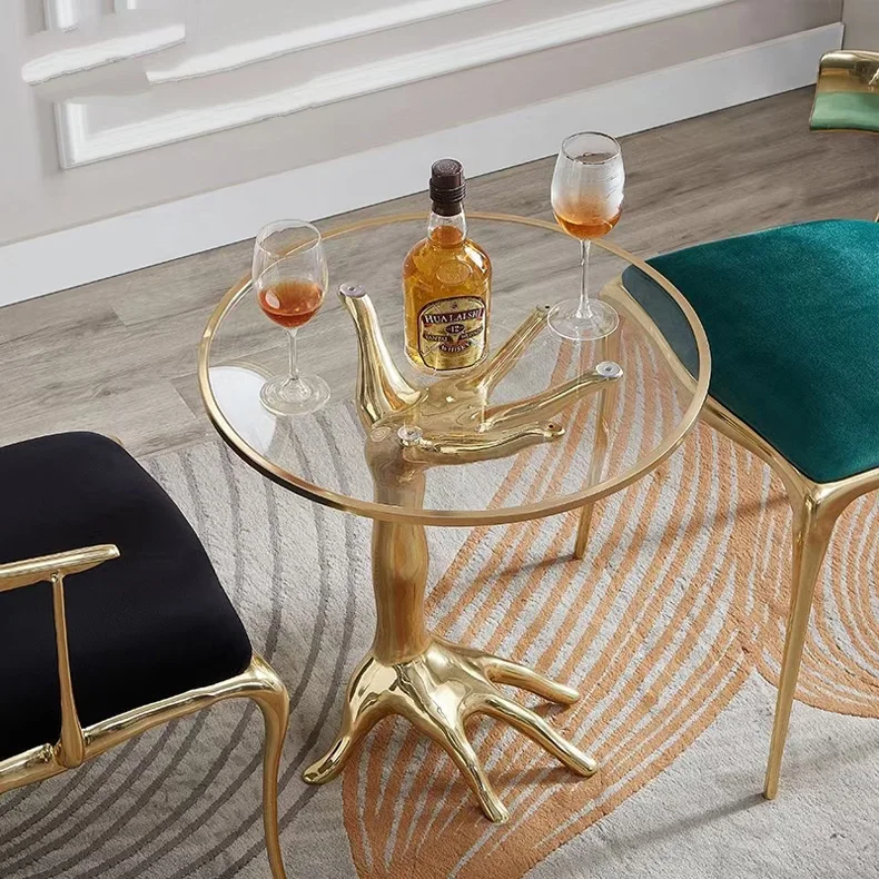

Brass Metal Sculpture Round Edged Side Table Small Round Side Creative And Personalized Designer Styl Glass Art Decorated Corner