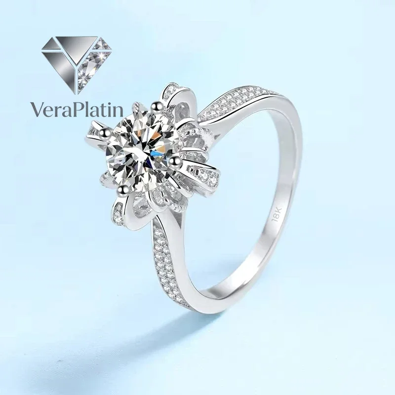 

VeraPlatin Women Wedding Band 18K White Gold Crown Rings 1CT Moissanite Diamond Girl Birthday Gift PT950 Platinum Engagement Fin